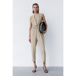 Zara Textured Tapered Leg Sleeveless Belted Jumpsuit